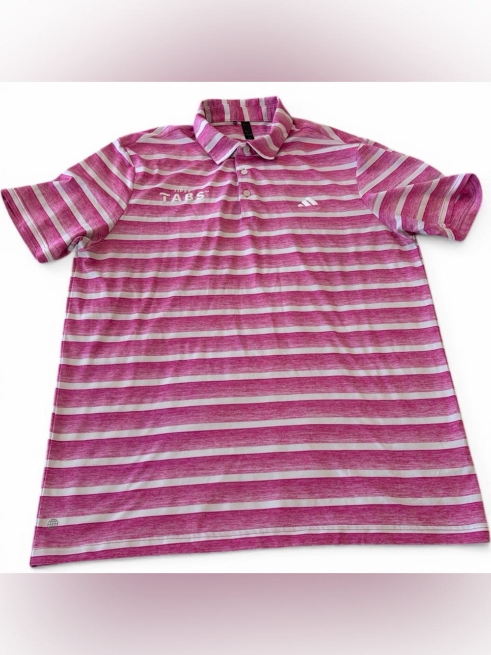 Adidas Men’s Golf Polo Shirt Large Pink White‎ Stripe Lightweight Tipsy Tabs